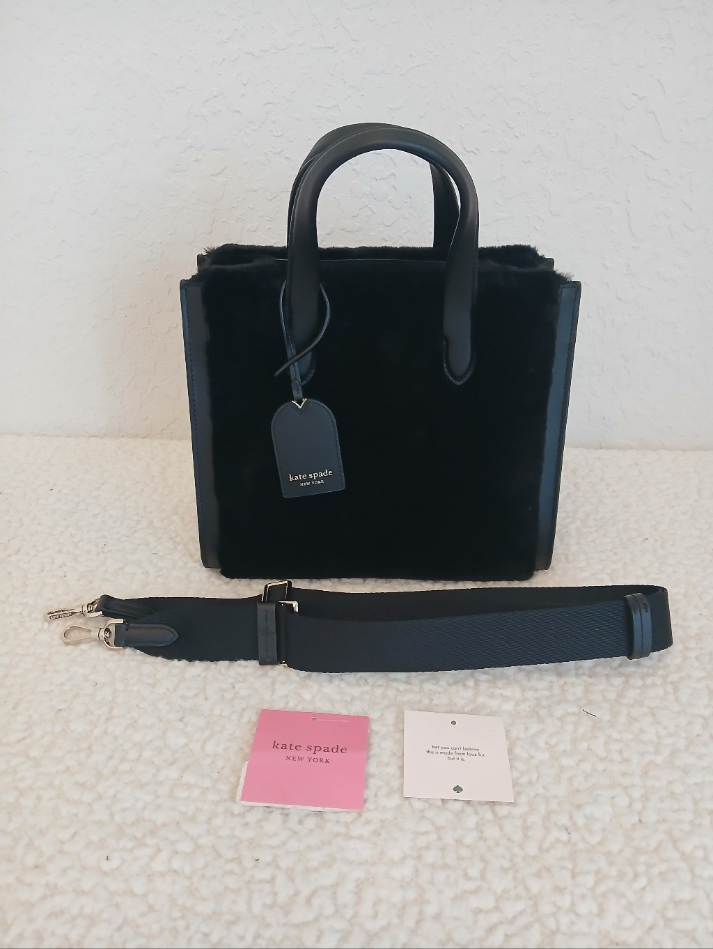 Kate Spade Manhattan Black Faux Fur Tote With Detachable Strap